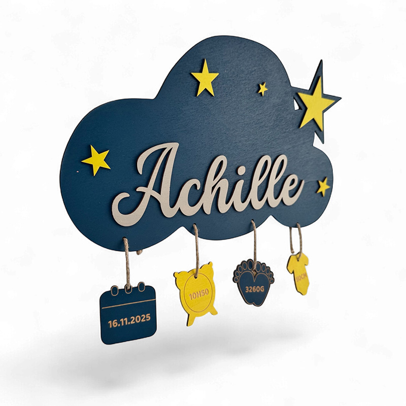 Plaque de naissance personnalisée nuage garçon – Bleu azur, étoiles & breloques gravées