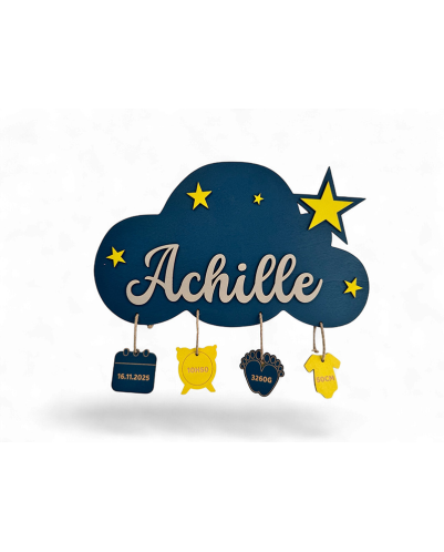 Personalized Cloud Birth Plaque for Baby Boy – Azure Blue with Stars & Engraved Charms