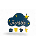 Personalized Cloud Birth Plaque for Baby Boy – Azure Blue with Stars & Engraved Charms