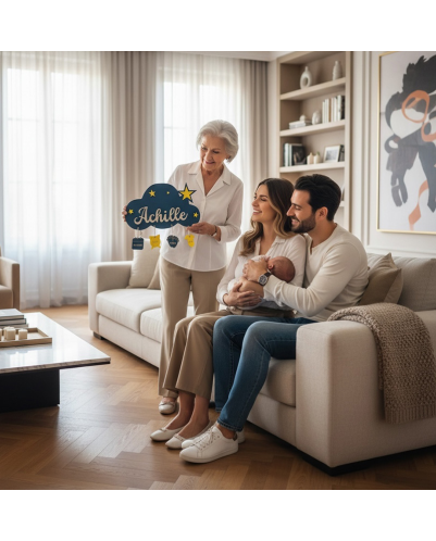 Plaque de naissance nuage personnalisée garçon – Bleu azur & étoiles gravées