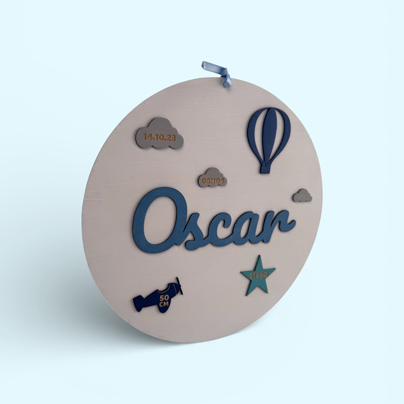 Personalized Baby Boy Birth Plaque – Round Cloud & Hot Air Balloon Sign