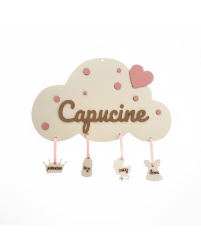 Plaque de naissance personnalisée fille – Nuage bois prénom découpé