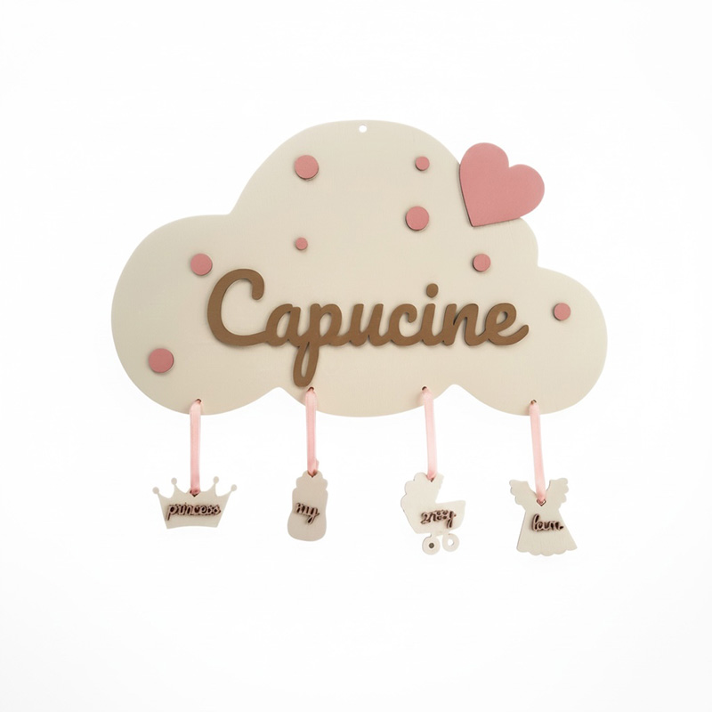 Personalized Baby Girl Birth Plaque – Wooden Cloud with Laser Cut Name & Decorative Charms