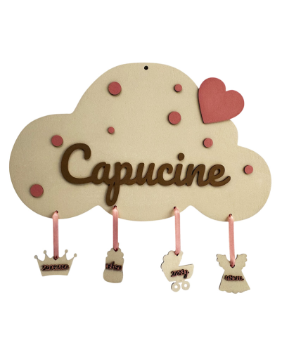 Personalized Baby Girl Birth Plaque – Wooden Cloud with Laser Cut Name & Decorative Charms