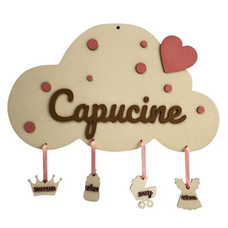 Plaque de naissance personnalisée fille – Nuage en bois avec prénom découpé et breloques décoratives