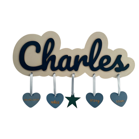 Personalized Wooden Birth Plaque – Custom Name-Shaped Base – Baby Boy Blue & Off-White Model