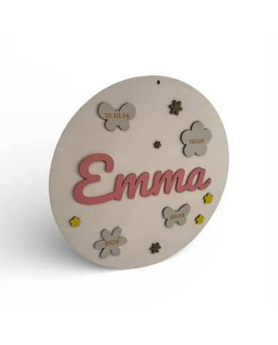 Plaque de naissance personnalisée en bois ronde 25 cm -Emma – Gravure laser prénom et détails de naissance