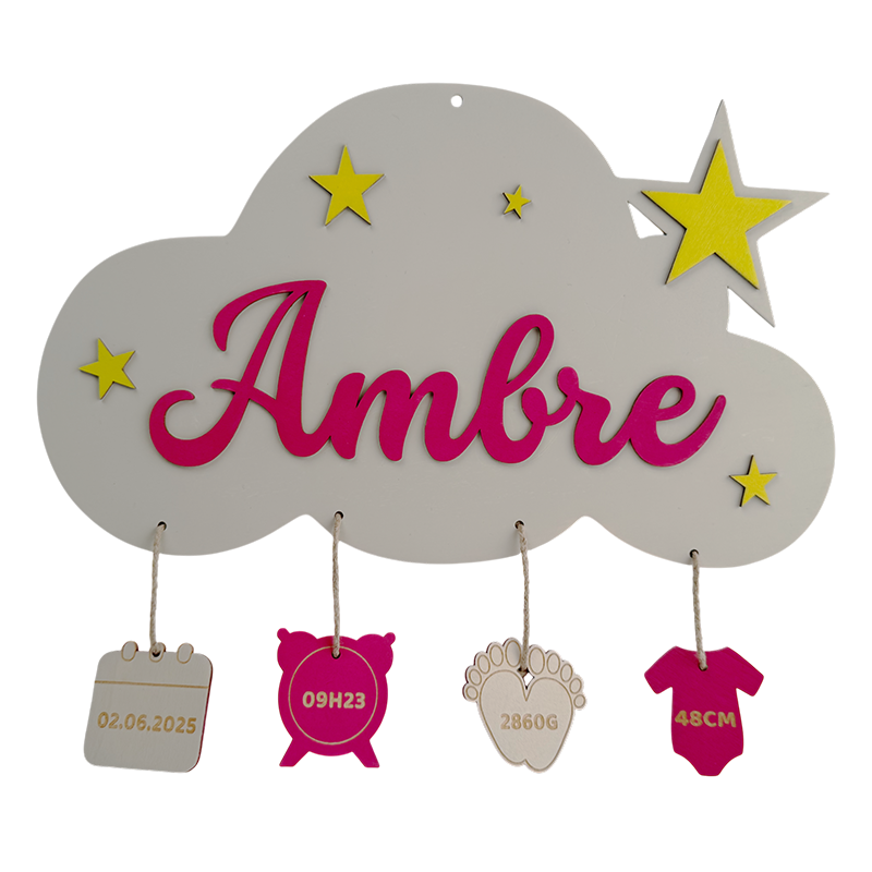 Personalized Wooden Cloud Birth Plaque – Laser Cut Name & Engraved Details – Handmade in France