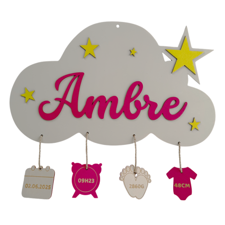 Personalized Cloud Birth Plaque – Laser Cut Name | Handmade in France
