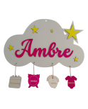 Personalized Wooden Cloud Birth Plaque – Laser Cut Name & Engraved Details – Handmade in France