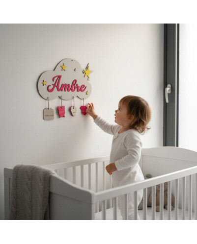 Personalized Wooden Cloud Birth Plaque – Laser Cut Name & Engraved Details – Handmade in France