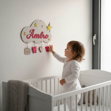 Personalized Wooden Cloud Birth Plaque – Laser Cut Name & Engraved Details – Handmade in France
