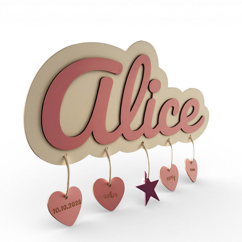 Personalized Baby Name Plaque for Girls – Laser-Cut Wooden Name with Pink Charms Personalized Baby Name Plaque for Girls – Laser-Cut Wooden Name with Pink Charms