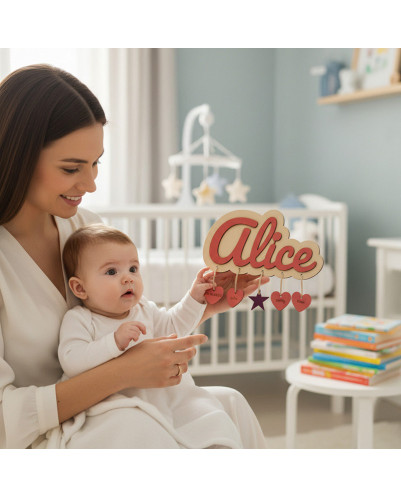 Plaque de naissance personnalisée pour fille – prénom en bois découpé au laser et breloques roses
