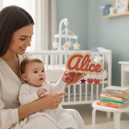 Plaque de naissance personnalisée pour fille – prénom en bois découpé au laser et breloques roses