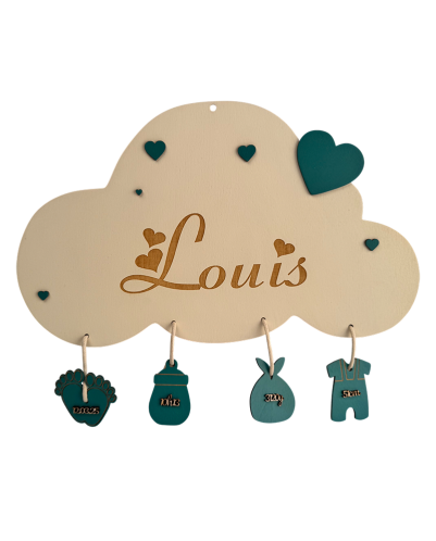 Plaque de naissance nuage personnalisée en bois – Prénom gravé et breloques turquoise menthe