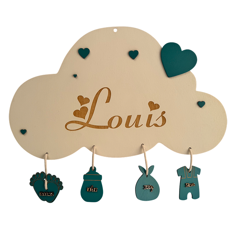Plaque de naissance personnalisée nuage en bois – Prénom gravé et breloques turquoise menthe