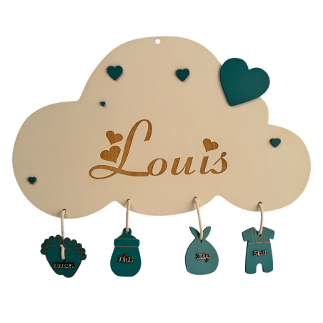 Personalized Cloud Baby Name Plaque – Engraved Wooden Birth Sign with Mint Charms