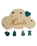 Personalized Cloud Baby Name Plaque – Wooden Engraved Name with Mint Turquoise Charms