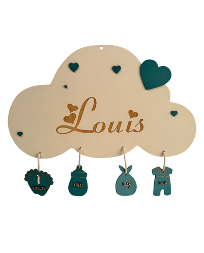 Personalized Cloud Baby Name Plaque – Wooden Engraved Name with Mint Turquoise Charms