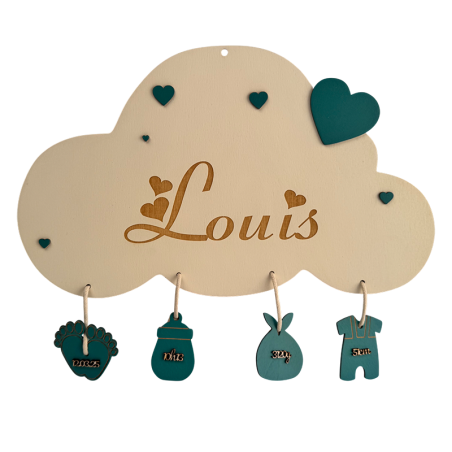 Plaque de naissance personnalisée nuage en bois – Prénom gravé et breloques turquoise menthe