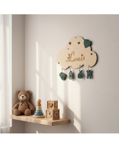 Personalized Cloud Baby Name Plaque – Engraved Wooden Birth Sign with Mint Charms