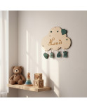 Personalized Cloud Baby Name Plaque – Wooden Engraved Name with Mint Turquoise Charms