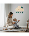 Personalized Cloud Baby Name Plaque – Wooden Engraved Name with Mint Turquoise Charms