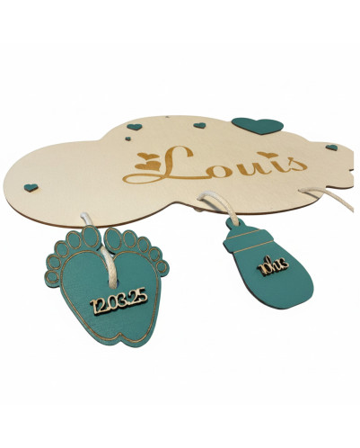 Personalized Cloud Baby Name Plaque – Engraved Wooden Birth Sign with Mint Charms