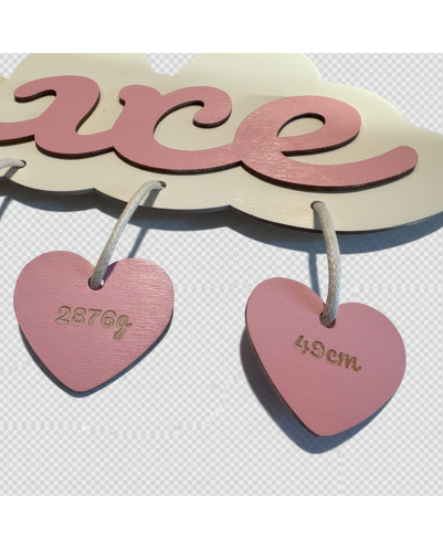 Plaque de naissance fille personnalisée – prénom en bois et breloques roses